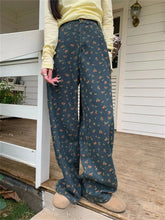 Aiertu - Women's Retro Floral Pattern High Waisted Wide Leg Jeans Summer Cool Girl Bottoms Thin Pants Female Printed Baggy Denim Trousers Aiertu