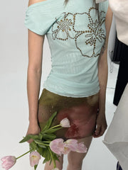 Aiertu - Summer Sexy Slash Neck Pleated Gauze Tshirts Women Y2k Aesthetic Rivet Flower Grunge Tops Harajuku Vintage Fairy Bodycon Tees Aiertu