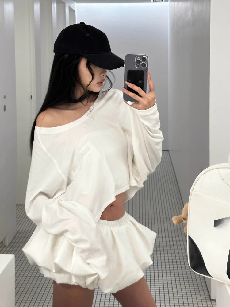 Aiertu - Woman Sweet Fashion Suit Casual Y2k Crop Tops + A-line Mini Shorts Skirt Low Waist Slim Shorts Skirt Spicy Girls Streetwear Set Aiertu
