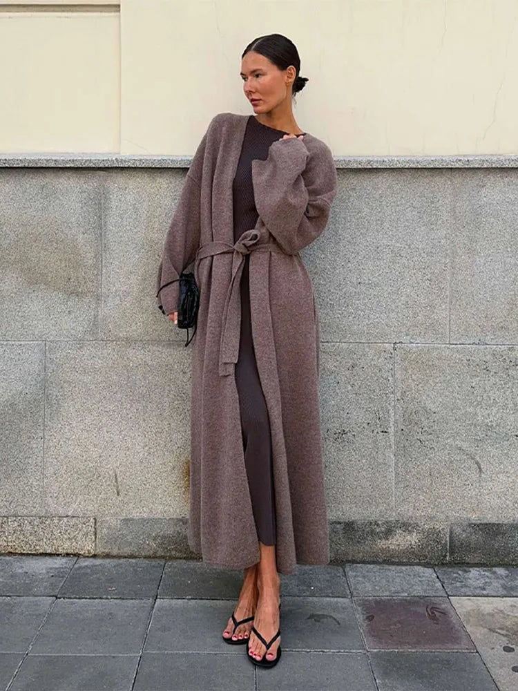 Aiertu - Elegant Solid Knitted Women Cardigan Long Sleeve Loose Female Coat 2024 Casual Lace Up Belt Lazy V-neck Lady Knitwear Coats Aiertu