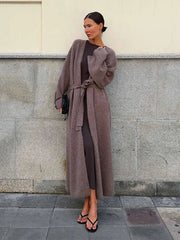 Aiertu - Elegant Solid Knitted Women Cardigan Long Sleeve Loose Female Coat 2024 Casual Lace Up Belt Lazy V-neck Lady Knitwear Coats Aiertu