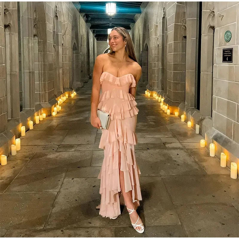 Aiertu - High Split Fork Ruffle Layered Bodycon Dress Sexy Off Shoulder Sleeveless Strapless Pink Dresses Chic Party Evening Gowns Women Aiertu