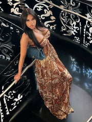 Aiertu - Luxury Floral Printed Strapless Maxi Dress For Women Vacation Hollow Out Waist Backless Long Dress Lady Evening Party Vestidos Aiertu