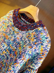 Aiertu - Chunky Wool Blended Jumper Multi Color Ombre Purple Pullover Sweater Crew Neck Cropped Knitted Tops Autumn/Winter Women Knitwear Aiertu