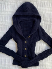 Aiertu - Fashion Dark Blue Hooded Knitted Cardigan Sweater Women's Casual Versatile Retro Harajuku Simple Top Y2K Cropped Cardigan Aiertu