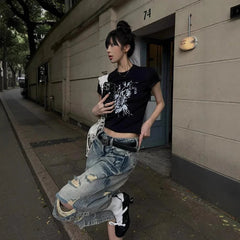 Aiertu - American high street design sense worn hole straight five-point jeans women's y2k new hiphop hip hop pants tide Aiertu