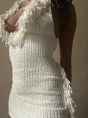 Aiertu Puss Crochet Halter Dress Women Low-Neck Bandage Backless Stretch Tassel Skinny Sleeveless Street Elegant Mini Bodycon Aiertu
