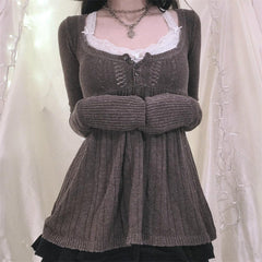 Aiertu - Women Vintage Solid Sweater Top Long Sleeve Button Front Knitted Babydoll Top 00S Retro Y2K Fairy Grunge Aesthetic Knitwear Aiertu
