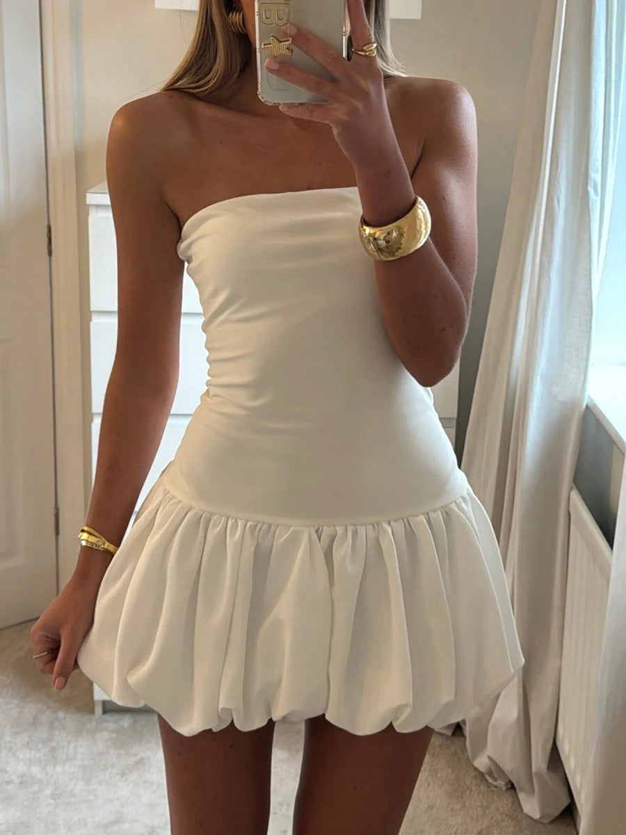 Aiertu - Women Solid Strapless Tube Mini Dress Sleeveless Flowy Bustier Swing Dress Off Shoulder Bubble Ruched Beach Dress Aiertu