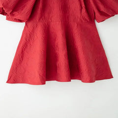 Aiertu - Women Red Puff Short Sleeve Mini Dress for Women Summer O-Neck Back Lace up High Street Evening Party Vestidos Aiertu