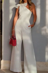 Aiertu -Casual Simplicity Solid Pocket Oblique Collar Regular Jumpsuits aiertu