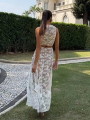 Aiertu - Embroidery Hook Flower Hollow White Dresses Sets Women Elegant Sleeveless Tops Skirts Two Piece Sets Female Holiday Party Dress Aiertu