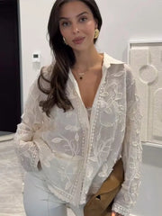 Aiertu - Chic Jacquard Button Up Women's Cardigan Loose Lace Long Sleeved Lapel Shirt 2026 Spring Summer Commuting Casual Lady Blouse Aiertu