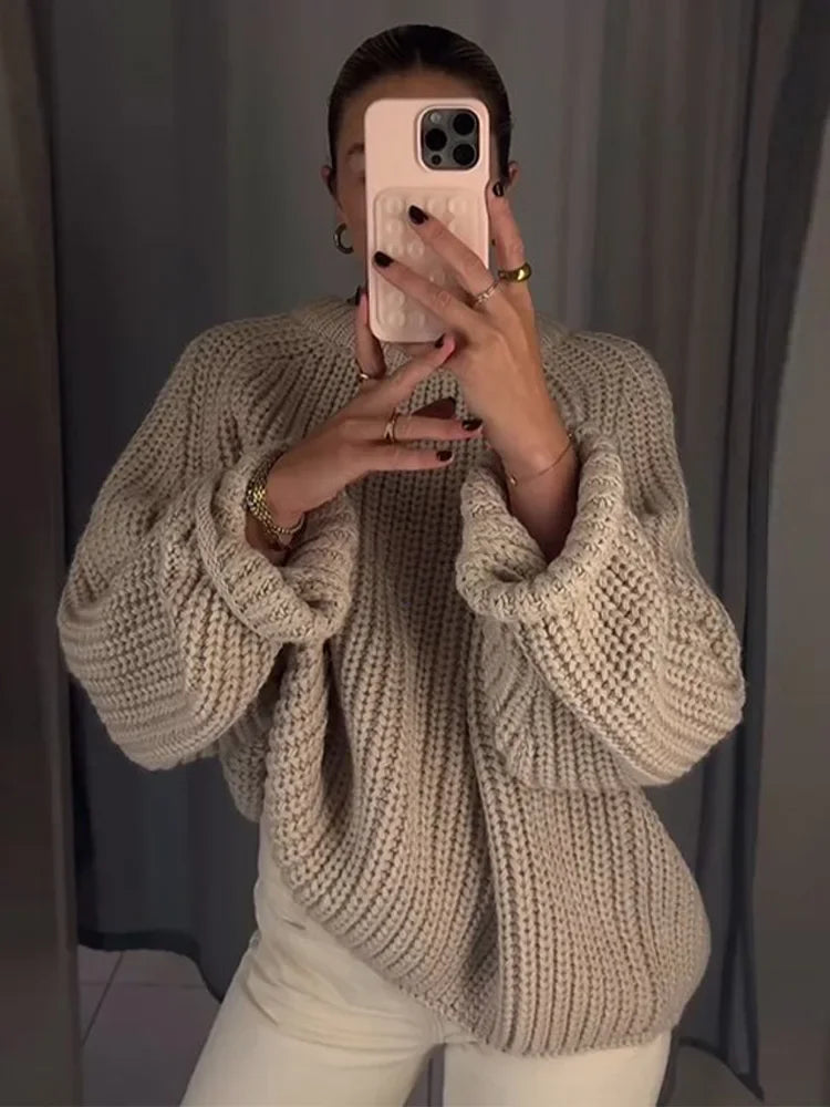 Aiertu - Oversized Round Neck Sweater Pullover Women Casual Long Sleeves Knitted Pullover 2026 Autumn New High Street Versatile Knitwear Aiertu