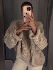 Aiertu - Oversized Round Neck Sweater Pullover Women Casual Long Sleeves Knitted Pullover 2026 Autumn New High Street Versatile Knitwear Aiertu