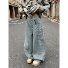 Aiertu - American Retro Y2K Pocket Striped Baggy Jeans Women Autumn Winter Street Loose Casual Harajuku Fashion High Waist Wide Leg Jeans Aiertu