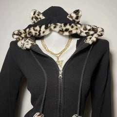 Aiertu - Korean Cat Ear Leopard Print Plush Hoodies Sweatshirt Women's Versatile Goth Strappy Sweatshirt Y2K Retro Popular Zip Up Hoodie Aiertu