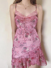 Aiertu -Vintage Print Lace Trim Mesh V-Neck Cami Dress aiertu
