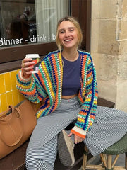 Aiertu - Women Fashion Colorful Stripes Crochet Knitted Cardigan Elegant Long Sleeves Open Front Sweater Coat 2026 Autumn High Streetwear Aiertu