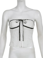 Aiertu Sweet Bow Cropped Tube Tops Slim Lace Trim Slash Neck Sleeveless Tank Tops Women 2025 Summer Fashion Streetwear Ladies Aiertu
