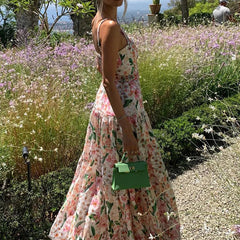 Aiertu - Floral Print High Waist Long Dress Summer Hollow Out Sleeveless Garden Party Dress Sexy Off Shoulder Suspender Beach Dress Aiertu