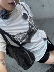 Aiertu - summer inspo Hot Black Lace Bra Print White Graphic T-Shirt Fashion Woman Blouse Tees O Neck Short Sleeve Casual Street Sweats Tops Aiertu