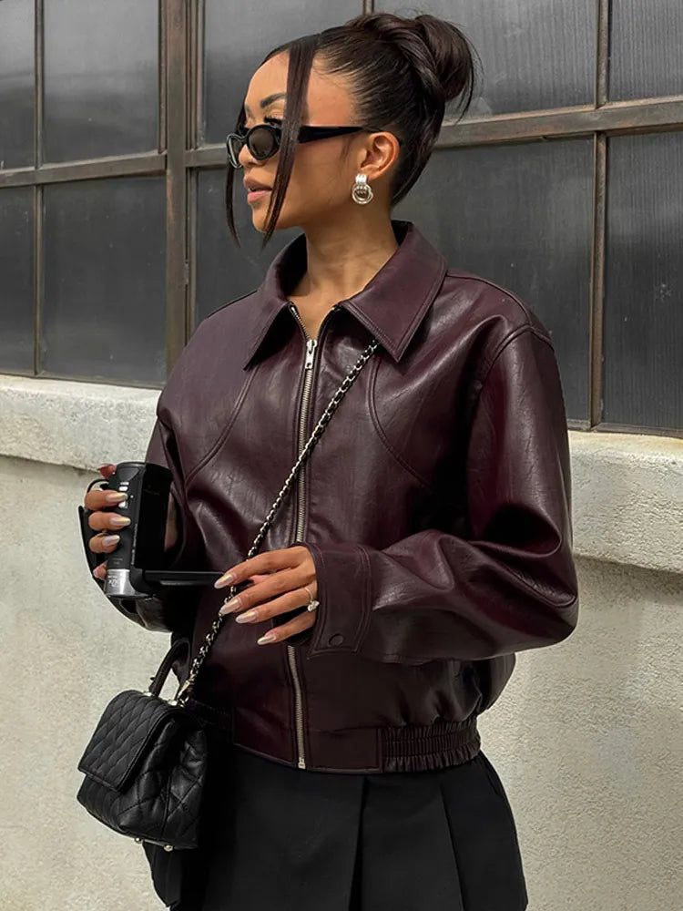 Aiertu - Chic Faux-leather Bomber Jacket Warm Lapel Long Sleeves Zipper Crop Coats 2026 Autumn Fashion Lady Commuting Street Overcoat Aiertu