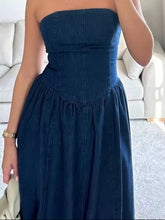 Aiertu - Strapless Denim Long Dress Sexy Backless Waist Cinched Cowboy Pleated Dresses Off Shoulder Street Trends Robes Women's Clothing Aiertu