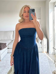 Aiertu - Strapless Denim Long Dress Sexy Backless Waist Cinched Cowboy Pleated Dresses Off Shoulder Street Trends Robes Women's Clothing Aiertu