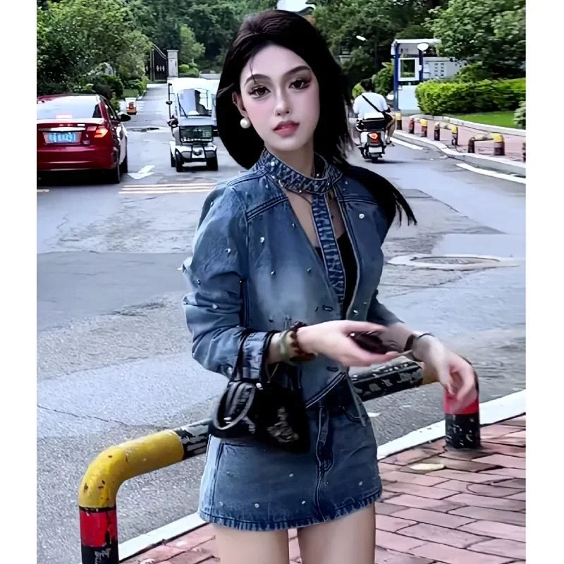 Aiertu - Heavy Bead Long Sleeved Short Jacket Jeans Faldas 2 Piece Sets Womens Outfits Wrap Hip Denim Skirts Mini Ropa Aiertu