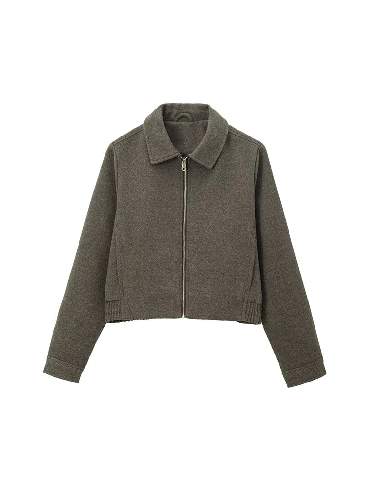 Aiertu - Women Fashion Army Green Front Zipper Jackets Vintage Lapel Neck Long Sleeves Female Chic Lady Outfits Aiertu