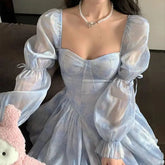Aiertu DRESS TO IMPRESS Puffy Dress Puff Sleeves Women Elegant Summer Blue Birthday Party Dress Lady High Waist A-Line Gentle Sweet Dress Aiertu