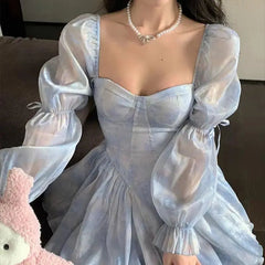 Aiertu DRESS TO IMPRESS Puffy Dress Puff Sleeves Women Elegant Summer Blue Birthday Party Dress Lady High Waist A-Line Gentle Sweet Dress Aiertu