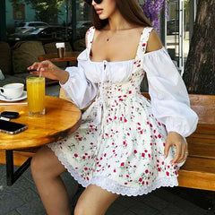 Aiertu - Puff Sleeve Suspender Dress Women Fake Two Pieces Flower Strapless Ruffles Splice Long Sleeve Lace Up Party Dress Summer Aiertu