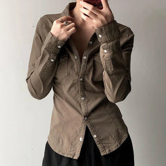 Aiertu - Vintage Turndown Collar Khaki Denim Shirt Y2K Casual Autumn Long Sleeve Buttoned Jeans T-shirt Fashion Women Slim Tee Aiertu