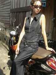 Aiertu - High Street Denim Tank Women Lapel Sleeveless Zippers Slim Crop Tanks Female 2025 Spring Summer Fashion Casual Solid Lady Tops Aiertu