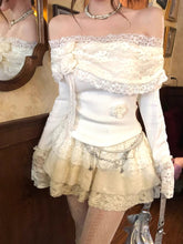 Aiertu Elegant Vintage 2 Piece Sets Women Sweet Flower Lace Slash Neck Knitted Tops + Y2k Mini Cake Skirts Korean Fashion Lolita Suits Aiertu
