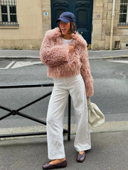 Aiertu - party look snspos Faux Fur Jackets Women Loose Casual Lapel Long Sleeves Zipper Coats Female 2024 Autumn Winter Fashion Solid Warm Outwears Lady Aiertu