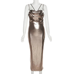Aiertu - Spaghetti Strap Slash Neck Golden Blink Sleeveless Backless Maxi Hip Dress Spring Summer Y2K Street Trendsetter Vestido Aiertu