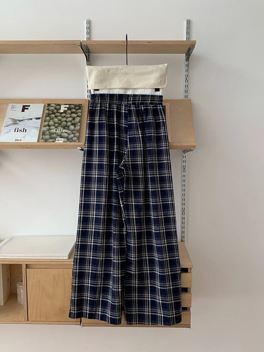 Aiertu - Vintage Plaid Wide Leg Pant Women Drawstring Patchwork High Waist Loose Trouser Spring New Fashion Simple Casual Pants 2025 Aiertu