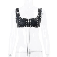 Aiertu - Fashion PU Leather Lace Up Sleeveless Crop Tops Rave Festival Punk Sexy Cropped Camis Top Tanks Streetwear Clothes Aiertu