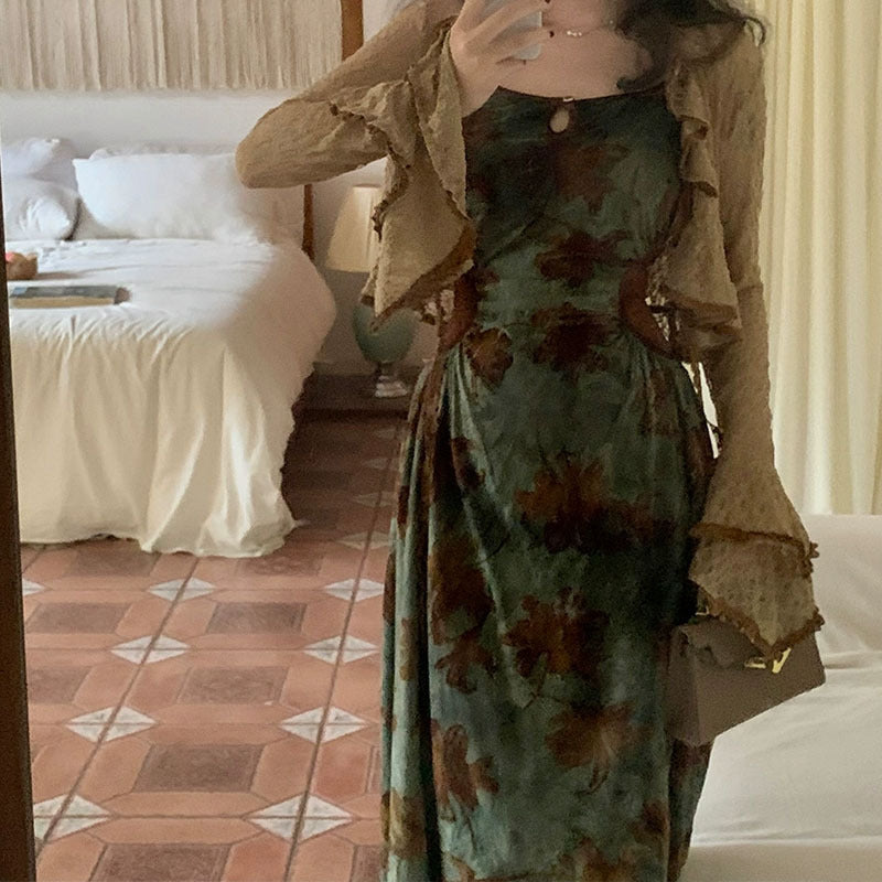 Aiertu - Vintage Leaves Print Maxi Dress Aiertu