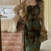 Aiertu - Vintage Leaves Print Maxi Dress Aiertu