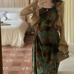 Aiertu - Vintage Leaves Print Maxi Dress Aiertu