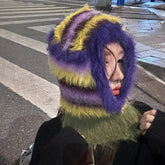 Aiertu - Winter Stripe Knitted Beanies Balaclava Hat Women Retro Fluffy Fur Knit Bonnet Outdoor Neck Warmer Windproof Skiing Skull Caps Aiertu