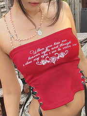 Aiertu -Letter Print Side Tie Contrast Tube Top aiertu