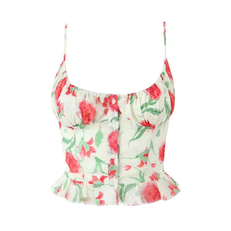 Aiertu - New Women Sexy Thin Straps O Neck Hem Ruffle Floral Print Camis Summer Holiday Crop Top ropa de mujer Aiertu