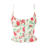 Aiertu - New Women Sexy Thin Straps O Neck Hem Ruffle Floral Print Camis Summer Holiday Crop Top ropa de mujer Aiertu