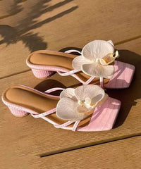 Aiertu Pink Floral Splicing Chunky Slide Sandals Peep Toe Aiertu