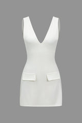 Aiertu Solid V-neck Fake Pocket Mini Dress Aiertu